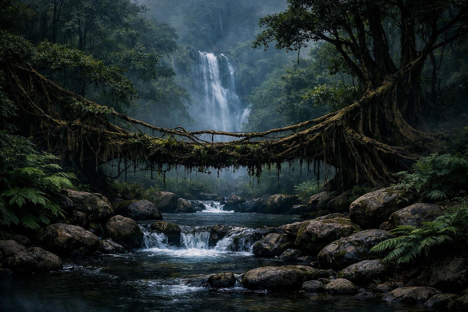 Living root bridge in Meghalaya rainforest